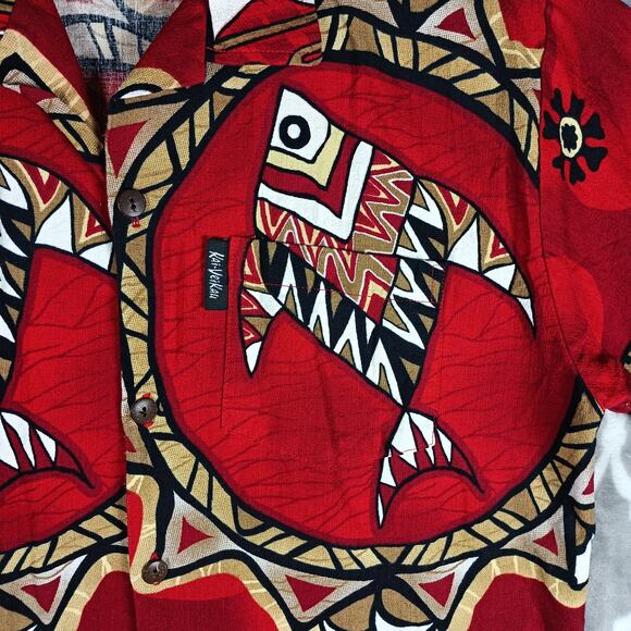 Kai Veikau Shirt Men Size M Red Tribal Print Button Front Fiji - Picture 12 of 13
